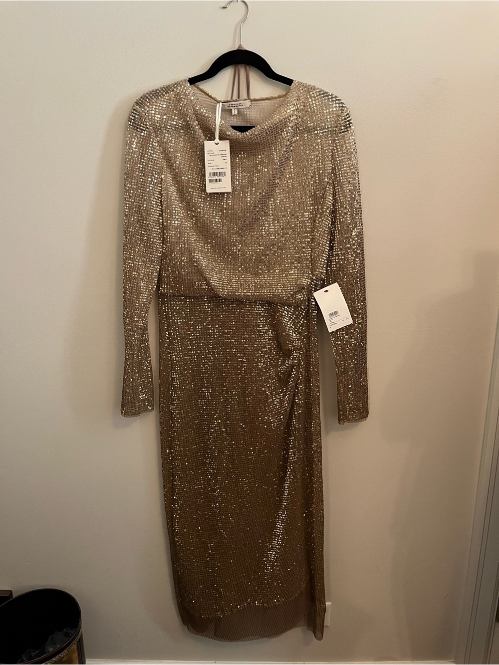 Gold Sequin Long-Sleeve Midi Dress — Evening Draped Silhouette